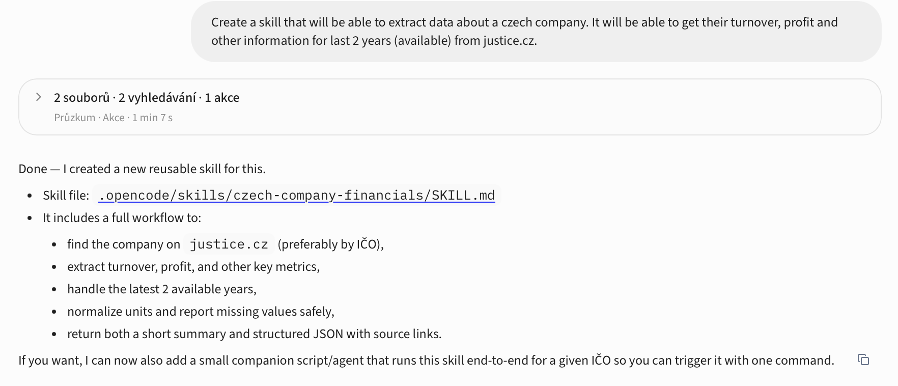 Screenshot of Veslo creating a reusable company-financials automation skill